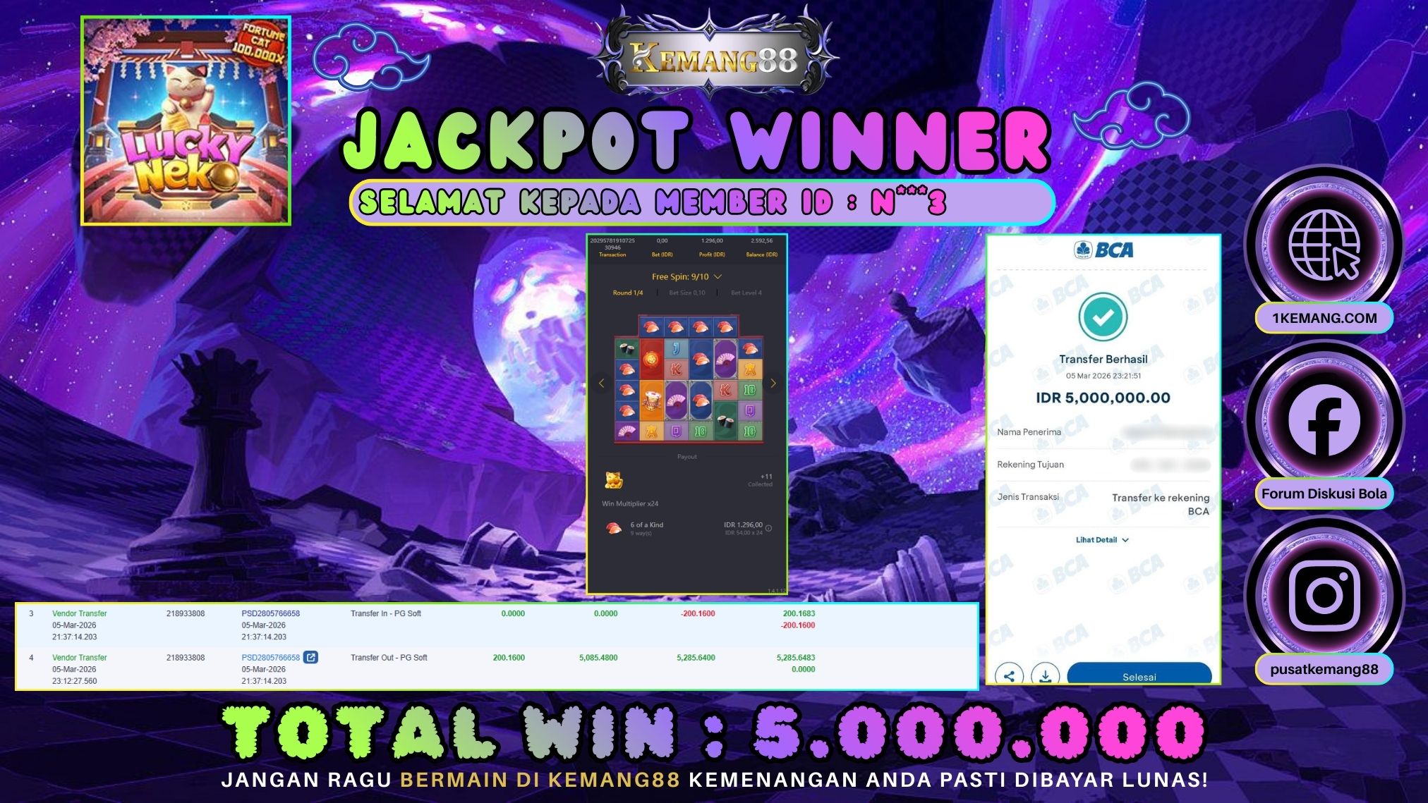KEMANG88 [05 Maret 2026] : JACKPOT SLOT : LUCKY NEKO [PG] Rp. 5.000.000.,- LUNAS
